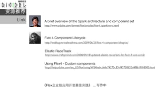ԴƼ
  Link   A brief overview of the Spark architecture and component set
         http://www.adobe.com/devnet/?ex/articles/?ex4_sparkintro.html



         Flex 4 Component Lifecycle
         http://weblog.mrinalwadhwa.com/2009/06/21/?ex-4-component-lifecycle/


         Elastic RaceTrack
         http://www.craftymind.com/2008/04/18/updated-elastic-racetrack-for-?ash-9-and-avm2/


         Using Flex4 - Custom components
         http://help.adobe.com/en_US/?ex/using/WS4bebcd66a74275c35bf45738120d4f86190-8000.html




         Flex˾Ӧ            ʵ ... д
 