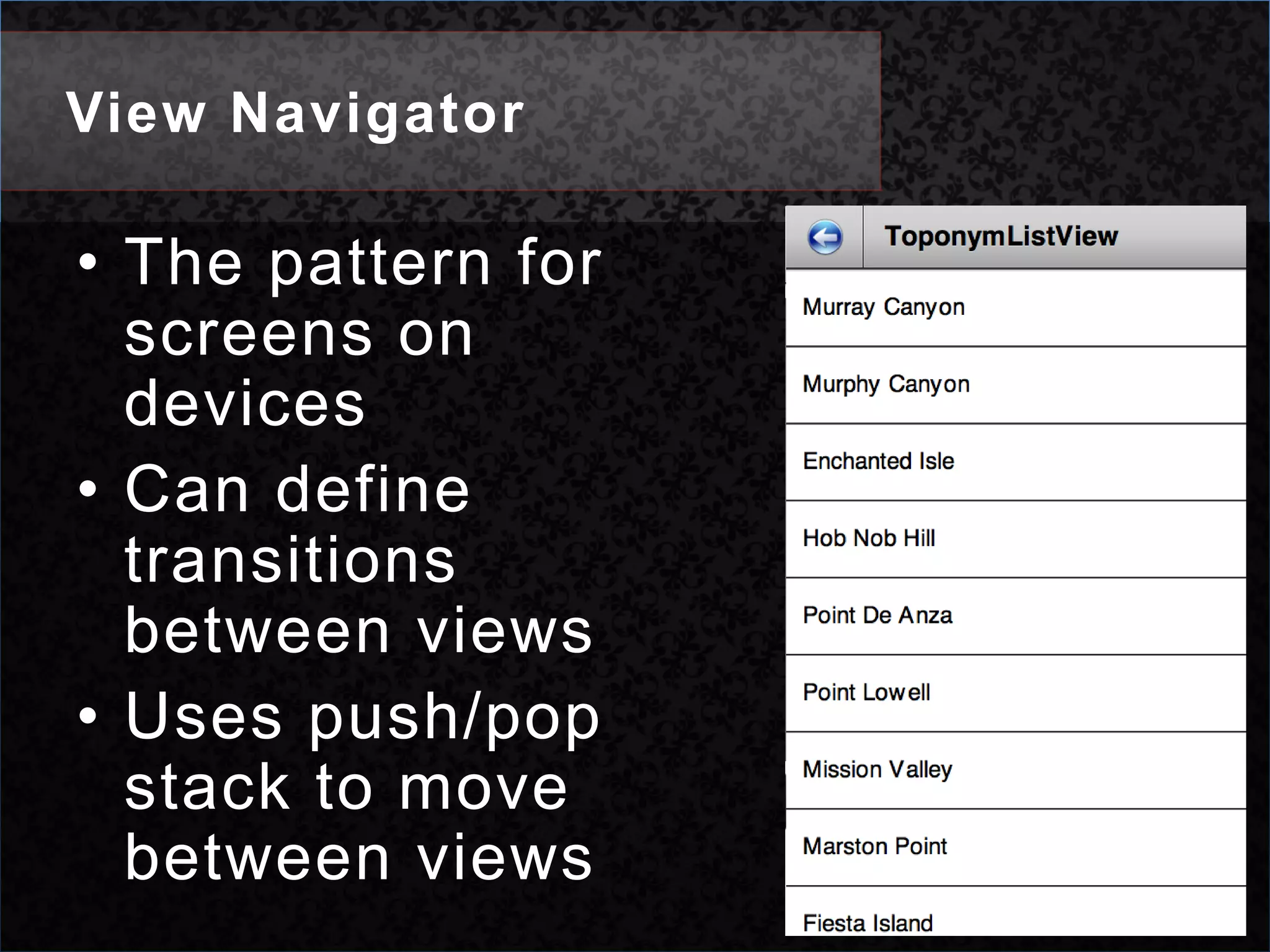View NavigatorThe pattern for screens on devicesCan define transitions between viewsUses push/pop stack to move between views