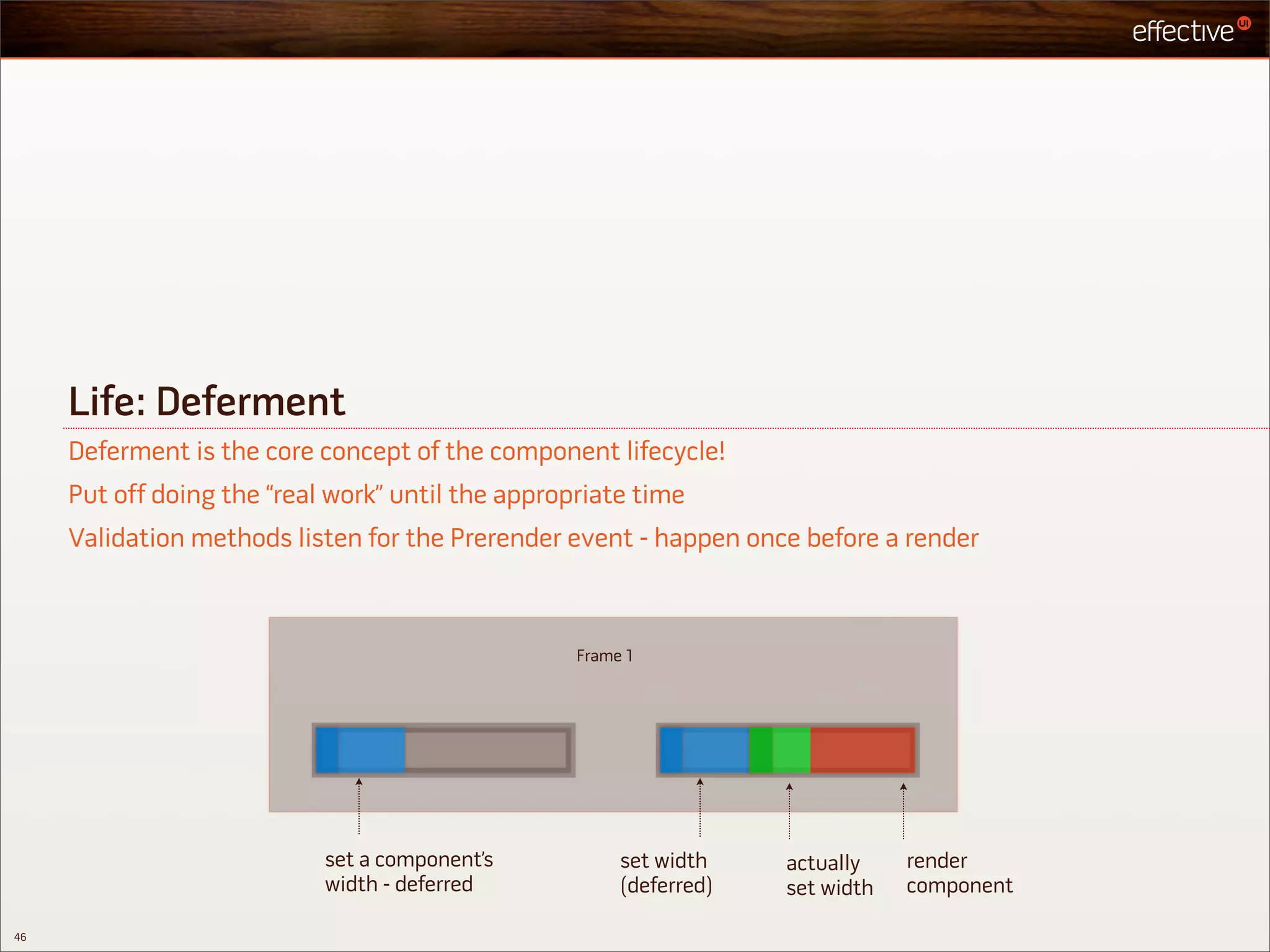 Life: Deferment
     Deferment is the core concept of the component lifecycle!
     Put off doing the “real work” until the appropriate time
     Validation methods listen for the Prerender event - happen once before a render



                                                   Frame 1




                            set a component’s           set width    actually    render
                            width - deferred            (deferred)   set width   component

46
 