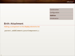 Construction
                                                       Configuration
                                                       Addition
                                                       Initialization


     Birth: Attachment
     Adding a component to the display elements list

     parent.addElement(yourComponent);




30
 