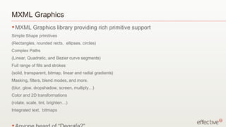 MXML Graphics
• MXML      Graphics library providing rich primitive support
Simple Shape primitives
(Rectangles, rounded rects, ellipses, circles)
Complex Paths
(Linear, Quadratic, and Bezier curve segments)
Full range of fills and strokes
(solid, transparent, bitmap, linear and radial gradients)
Masking, filters, blend modes, and more.
(blur, glow, dropshadow, screen, multiply…)
Color and 2D transformations
(rotate, scale, tint, brighten…)
Integrated text, bitmaps
 