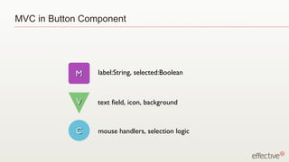 MVC in Button Component




            M    label:String, selected:Boolean



            V    text field, icon, background



            C    mouse handlers, selection logic
 