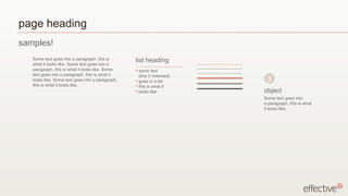 page heading
samples!
   Some text goes into a paragraph, this is       list heading
   what it looks like. Some text goes into a
   paragraph, this is what it looks like. Some    • some text
   text goes into a paragraph, this is what it      (line 2 indented)
   looks like. Some text goes into a paragraph,   • goes in a list       3
   this is what it looks like.                    • this is what it
                                                  • looks like          object
                                                                        Some text goes into
                                                                        a paragraph, this is what
                                                                        it looks like.
 