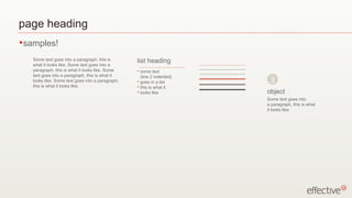 page heading samples! some text (line 2 indented) goes in a list this is what it  looks like Some text goes into a paragraph, this is what it looks like. Some text goes into a paragraph, this is what it looks like. Some text goes into a paragraph, this is what it looks like. Some text goes into a paragraph, this is what it looks like. list heading object Some text goes into  a paragraph, this is what  it looks like. 3 
