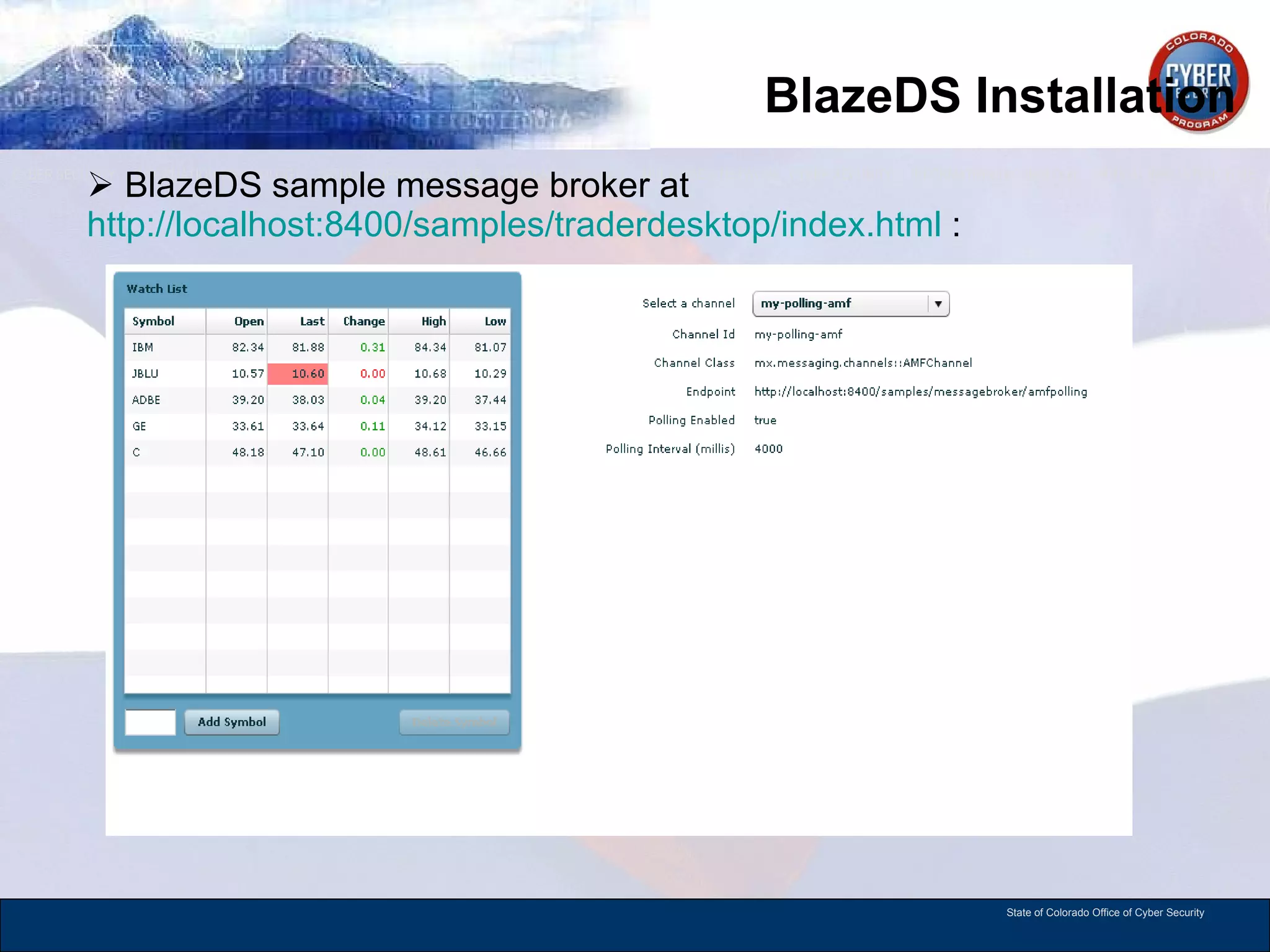BlazeDS Installation BlazeDS sample message broker at  http://localhost:8400/samples/traderdesktop/index.html  : 
