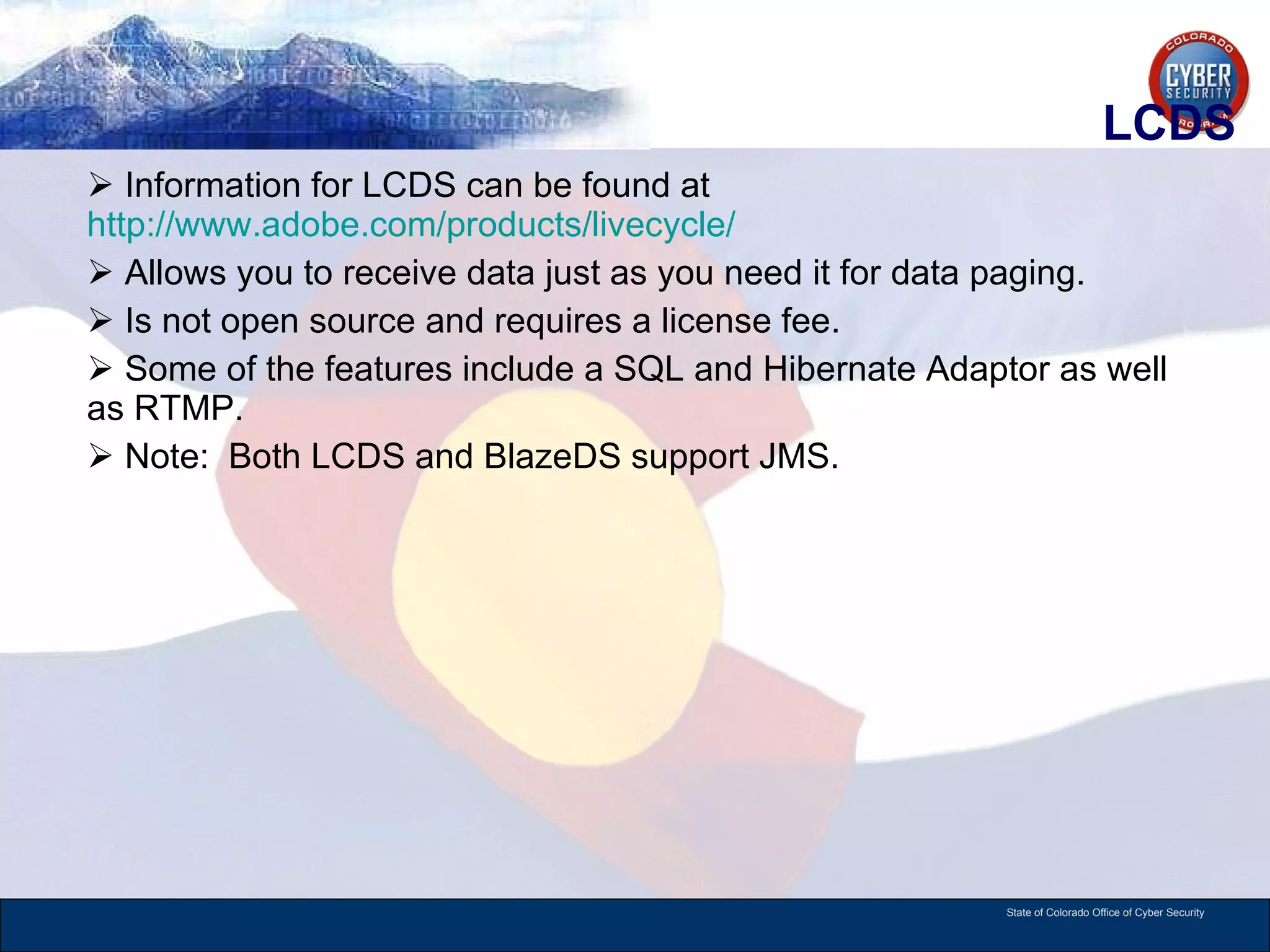 LCDS Information for LCDS can be found at  http://www.adobe.com/products/livecycle/   Allows you to receive data just as you need it for data paging.  Is not open source and requires a license fee.  Some of the features include a SQL and Hibernate Adaptor as well as RTMP. Note:  Both LCDS and BlazeDS support JMS.  