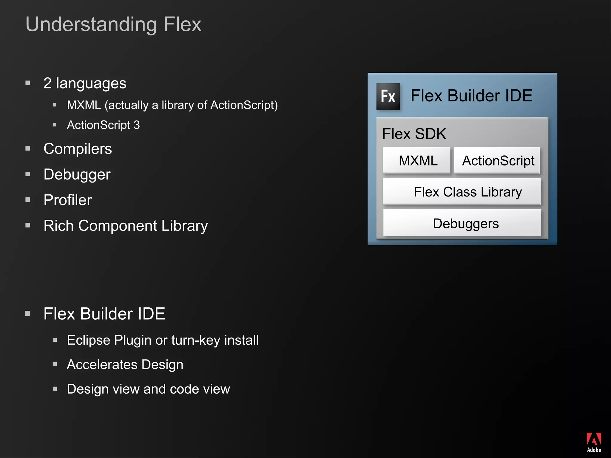 Understanding Flex

 2 languages
     MXML (actually a library of ActionScript)
                                                     Flex Builder IDE
     ActionScript 3
                                                  Flex SDK
 Compilers
                                                    MXML     ActionScript
 Debugger
                                                     Flex Class Library
 Profiler
 Rich Component Library                                Debuggers




 Flex Builder IDE
     Eclipse Plugin or turn-key install
     Accelerates Design
     Design view and code view
 