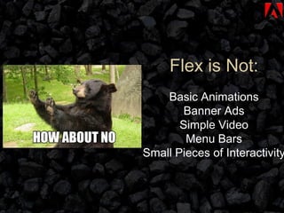 Flex is Not: Basic Animations Banner Ads Simple Video Menu Bars Small Pieces of Interactivity 