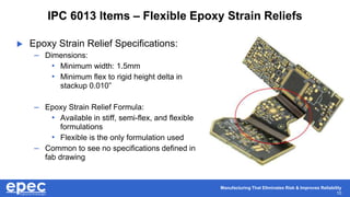 Manufacturing That Eliminates Risk & Improves Reliability
10
IPC 6013 Items – Flexible Epoxy Strain Reliefs
 Epoxy Strain Relief Specifications:
– Dimensions:
• Minimum width: 1.5mm
• Minimum flex to rigid height delta in
stackup 0.010”
– Epoxy Strain Relief Formula:
• Available in stiff, semi-flex, and flexible
formulations
• Flexible is the only formulation used
– Common to see no specifications defined in
fab drawing
 