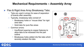 Manufacturing That Eliminates Risk & Improves Reliability
15
Mechanical Requirements – Assembly Array
 Flex & Rigid Area Array Breakaway Tabs:
– Tabs are used in arrays for ease of separation
of boards after assembly
– Typically, breakaway tabs consist of:
• Breakaway holes or “mouse bites” for rigid
area tabs
• Solid tabs for pure flex areas
– Common errors:
• Insufficient spacing to copper features to
allow tabs to be recessed into the part
outline
• Breakaway holes added into flex tabs which
severely weaken the tabs
 