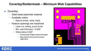 Manufacturing That Eliminates Risk & Improves Reliability
20
Coverlay/Soldermask – Minimum Web Capabilities
 Coverlay:
– Solid sheet polyimide material
– Available colors:
• Natural amber, white, black
– Feature openings are machined
• Laser cut, drilling, punch & die
• Min. web thickness = 0.020”
• Webs below 0.020”
– Excessively fragile easily damaged
– May distort and prevent proper
alignment
 