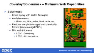 Manufacturing That Eliminates Risk & Improves Reliability
21
Coverlay/Soldermask – Minimum Web Capabilities
 Soldermask:
– Liquid epoxy with added flex agent
– Available colors:
• Green, red, blue, yellow, black, white, etc.
– Features are photo-imaged and chemically
formed (same as rigid PCBs)
– Min. web thickness
• 0.004” - Green only
• 0.005” - All other colors
 