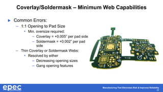 Manufacturing That Eliminates Risk & Improves Reliability
22
Coverlay/Soldermask – Minimum Web Capabilities
 Common Errors:
– 1:1 Opening to Pad Size
• Min. oversize required:
– Coverlay = +0.005” per pad side
– Soldermask = +0.002” per pad
side
– Thin Coverlay or Soldermask Webs:
• Resolved by either
– Decreasing opening sizes
– Gang opening features
 