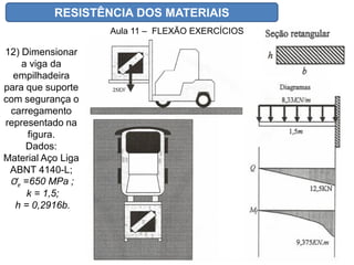 RESISTÊNCIA DOS MATERIAIS
Aula 11 – FLEXÃO EXERCÍCIOS
12) Dimensionar
a viga da
empilhadeira
para que suporte
com segurança o
carregamento
representado na
figura.
Dados:
Material Aço Liga
ABNT 4140-L;
Ơe =650 MPa ;
k = 1,5;
h = 0,2916b.
 
