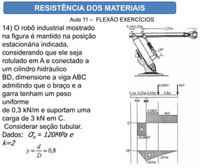 RESISTÊNCIA DOS MATERIAIS
Aula 11 – FLEXÃO EXERCÍCIOS
14) O robô industrial mostrado
na figura é mantido na posição
estacionária indicada,
considerando que ele seja
rotulado em A e conectado a
um cilindro hidráulico
BD, dimensione a viga ABC
admitindo que o braço e a
garra tenham um peso
uniforme
de 0,3 kN/m e suportam uma
carga de 3 kN em C.
Considerar seção tubular.
Dados: Ơe = 120MPa e
k=2
 