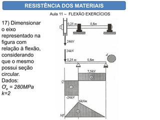 RESISTÊNCIA DOS MATERIAIS
Aula 11 – FLEXÃO EXERCÍCIOS
17) Dimensionar
o eixo
representado na
figura com
relação à flexão,
considerando
que o mesmo
possui seção
circular.
Dados:
Ơe = 280MPa
k=2
 