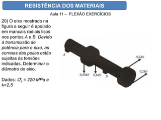 RESISTÊNCIA DOS MATERIAIS
Aula 11 – FLEXÃO EXERCÍCIOS
20) O eixo mostrado na
figura a seguir é apoiado
em mancais radiais lisos
nos pontos A e B. Devido
à transmissão de
potência para o eixo, as
correias das polias estão
sujeitas às tensões
indicadas. Determinar o
diâmetro do eixo.
Dados: Ơe = 220 MPa e
k=2,5
 