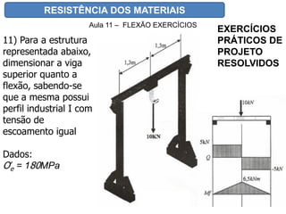 RESISTÊNCIA DOS MATERIAIS
Aula 11 – FLEXÃO EXERCÍCIOS
11) Para a estrutura
representada abaixo,
dimensionar a viga
superior quanto a
flexão, sabendo-se
que a mesma possui
perfil industrial I com
tensão de
escoamento igual
Dados:
Ơe = 180MPa
EXERCÍCIOS
PRÁTICOS DE
PROJETO
RESOLVIDOS
 