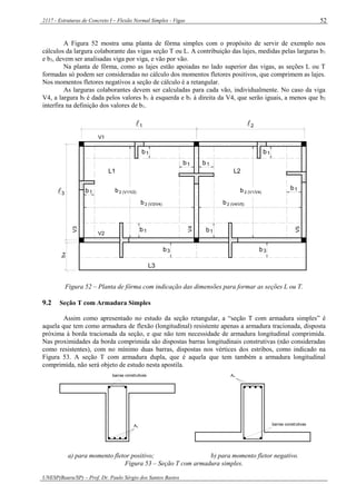 2117 - Estruturas de Concreto I – Flexão Normal Simples - Vigas
UNESP(Bauru/SP) – Prof. Dr. Paulo Sérgio dos Santos Bastos
52
A Figura 52 mostra uma planta de fôrma simples com o propósito de servir de exemplo nos
cálculos da largura colaborante das vigas seção T ou L. A contribuição das lajes, medidas pelas larguras b1
e b3, devem ser analisadas viga por viga, e vão por vão.
Na planta de fôrma, como as lajes estão apoiadas no lado superior das vigas, as seções L ou T
formadas só podem ser consideradas no cálculo dos momentos fletores positivos, que comprimem as lajes.
Nos momentos fletores negativos a seção de cálculo é a retangular.
As larguras colaborantes devem ser calculadas para cada vão, individualmente. No caso da viga
V4, a largura bf é dada pelos valores b1 à esquerda e b1 à direita da V4, que serão iguais, a menos que b2
interfira na definição dos valores de b1.
b3 3b
L2
L3
b4
L1
2 (V3/V4)b
1b
1b 1b
1b
b1b1
b1
V1
V2
V3
V4
V5
1b
b2 (V1/V2)
b2 (V4/V5)
2 (V1/V4)b
1 2
3
Figura 52 – Planta de fôrma com indicação das dimensões para formar as seções L ou T.
9.2 Seção T com Armadura Simples
Assim como apresentado no estudo da seção retangular, a “seção T com armadura simples” é
aquela que tem como armadura de flexão (longitudinal) resistente apenas a armadura tracionada, disposta
próxima à borda tracionada da seção, e que não tem necessidade de armadura longitudinal comprimida.
Nas proximidades da borda comprimida são dispostas barras longitudinais construtivas (não consideradas
como resistentes), com no mínimo duas barras, dispostas nos vértices dos estribos, como indicado na
Figura 53. A seção T com armadura dupla, que é aquela que tem também a armadura longitudinal
comprimida, não será objeto de estudo nesta apostila.
barras construtivas As
barras construtivassA
a) para momento fletor positivo; b) para momento fletor negativo.
Figura 53 – Seção T com armadura simples.
 