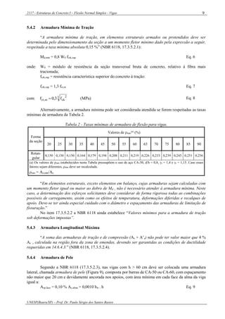 2117 - Estruturas de Concreto I – Flexão Normal Simples - Vigas
UNESP(Bauru/SP) – Prof. Dr. Paulo Sérgio dos Santos Bastos
9
5.4.2 Armadura Mínima de Tração
“A armadura mínima de tração, em elementos estruturais armados ou protendidos deve ser
determinada pelo dimensionamento da seção a um momento fletor mínimo dado pela expressão a seguir,
respeitada a taxa mínima absoluta 0,15 %” (NBR 6118, 17.3.5.2.1):
Md,mín = 0,8 W0 fctk,sup Eq. 6
onde: W0 = módulo de resistência da seção transversal bruta de concreto, relativo à fibra mais
tracionada;
fctk,sup = resistência característica superior do concreto à tração:
fctk,sup = 1,3 fct,m Eq. 7
com: 3 2
ckm,ct f3,0f  (MPa) Eq. 8
Alternativamente, a armadura mínima pode ser considerada atendida se forem respeitadas as taxas
mínimas de armadura da Tabela 2.
Tabela 2 - Taxas mínimas de armadura de flexão para vigas.
Forma
da seção
Valores de mín
(a)
(%)
20 25 30 35 40 45 50 55 60 65 70 75 80 85 90
Retan-
gular
0,150 0,150 0,150 0,164 0,179 0,194 0,208 0,211 0,219 0,226 0,233 0,239 0,245 0,251 0,256
(a) Os valores de mín estabelecidos nesta Tabela pressupõem o uso de aço CA-50, d/h = 0,8, c = 1,4 e s = 1,15. Caso esses
fatores sejam diferentes, mín deve ser recalculado.
mín = As,mín/Ac
“Em elementos estruturais, exceto elementos em balanço, cujas armaduras sejam calculadas com
um momento fletor igual ou maior ao dobro de Md , não é necessário atender à armadura mínima. Neste
caso, a determinação dos esforços solicitantes deve considerar de forma rigorosa todas as combinações
possíveis de carregamento, assim como os efeitos de temperatura, deformações diferidas e recalques de
apoio. Deve-se ter ainda especial cuidado com o diâmetro e espaçamento das armaduras de limitação de
fissuração.”
No item 17.3.5.2.2 a NBR 6118 ainda estabelece “Valores mínimos para a armadura de tração
sob deformações impostas”.
5.4.3 Armadura Longitudinal Máxima
“A soma das armaduras de tração e de compressão (As + A’s) não pode ter valor maior que 4 %
Ac , calculada na região fora da zona de emendas, devendo ser garantidas as condições de ductilidade
requeridas em 14.6.4.3.” (NBR 6118, 17.3.5.2.4).
5.4.4 Armadura de Pele
Segundo a NBR 6118 (17.3.5.2.3), nas vigas com h > 60 cm deve ser colocada uma armadura
lateral, chamada armadura de pele (Figura 9), composta por barras de CA-50 ou CA-60, com espaçamento
não maior que 20 cm e devidamente ancorada nos apoios, com área mínima em cada face da alma da viga
igual a:
Asp,face = 0,10 % Ac,alma = 0,0010 bw . h Eq. 9
 