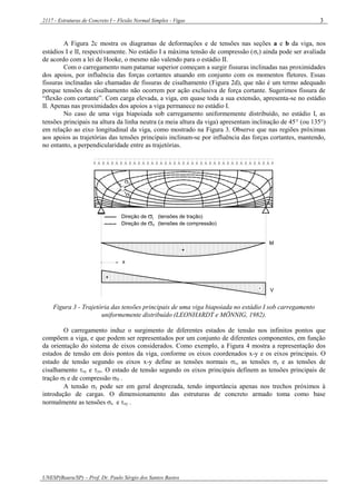 2117 - Estruturas de Concreto I – Flexão Normal Simples - Vigas
UNESP(Bauru/SP) – Prof. Dr. Paulo Sérgio dos Santos Bastos
3
A Figura 2c mostra os diagramas de deformações e de tensões nas seções a e b da viga, nos
estádios I e II, respectivamente. No estádio I a máxima tensão de compressão (c) ainda pode ser avaliada
de acordo com a lei de Hooke, o mesmo não valendo para o estádio II.
Com o carregamento num patamar superior começam a surgir fissuras inclinadas nas proximidades
dos apoios, por influência das forças cortantes atuando em conjunto com os momentos fletores. Essas
fissuras inclinadas são chamadas de fissuras de cisalhamento (Figura 2d), que não é um termo adequado
porque tensões de cisalhamento não ocorrem por ação exclusiva de força cortante. Sugerimos fissura de
“flexão com cortante”. Com carga elevada, a viga, em quase toda a sua extensão, apresenta-se no estádio
II. Apenas nas proximidades dos apoios a viga permanece no estádio I.
No caso de uma viga biapoiada sob carregamento uniformemente distribuído, no estádio I, as
tensões principais na altura da linha neutra (a meia altura da viga) apresentam inclinação de 45 (ou 135)
em relação ao eixo longitudinal da viga, como mostrado na Figura 3. Observe que nas regiões próximas
aos apoios as trajetórias das tensões principais inclinam-se por influência das forças cortantes, mantendo,
no entanto, a perpendicularidade entre as trajetórias.
+
-
+
II
I
Direção de (tensões de tração)
Direção de (tensões de compressão)
I
II
M
V
x
Figura 3 - Trajetória das tensões principais de uma viga biapoiada no estádio I sob carregamento
uniformemente distribuído (LEONHARDT e MÖNNIG, 1982).
O carregamento induz o surgimento de diferentes estados de tensão nos infinitos pontos que
compõem a viga, e que podem ser representados por um conjunto de diferentes componentes, em função
da orientação do sistema de eixos considerados. Como exemplo, a Figura 4 mostra a representação dos
estados de tensão em dois pontos da viga, conforme os eixos coordenados x-y e os eixos principais. O
estado de tensão segundo os eixos x-y define as tensões normais x, as tensões y e as tensões de
cisalhamento xy e yx. O estado de tensão segundo os eixos principais definem as tensões principais de
tração I e de compressão II .
A tensão y pode ser em geral desprezada, tendo importância apenas nos trechos próximos à
introdução de cargas. O dimensionamento das estruturas de concreto armado toma como base
normalmente as tensões x e xy .
 