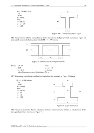 2117 - Estruturas de Concreto I – Flexão Normal Simples - Vigas
UNESP(Bauru/SP) – Prof. Dr. Paulo Sérgio dos Santos Bastos
69
Mk = + 9.000 kN.cm
C25
CA-50
t = 5 mm
brita 1
c = 2,5 cm
c = f = 1,4
s = 1,15
14
7
40
40
Figura 68 – Dimensões (cm) da seção T.
11º) Dimensionar e detalhar a armadura de flexão das nervuras da laje nervurada indicada na Figura 69,
conhecendo o momento fletor por nervura de Mk = + 4.500 kN.cm.
5
30
12 46 12
Figura 69- Dimensões (cm) da laje nervurada.
Dados: CA-50 brita 1
C35 c = f = 1,4
s = 1,15 c = 2,0 cm
vão efetivo das nervuras (biapoiadas): 7,0 m
12º) Dimensionar e detalhar a armadura longitudinal da viga mostrada na Figura 70. Dados:
Mk = – 65.000 kN.cm
C25
CA-50
t = 10 mm
brita 1
c = 2,5 cm
c = 1,4
f = 1,4
s = 1,15
45
15
50
15
80
90
25
Figura 70 - Seção transversal.
13º) Calcular os momentos fletores solicitantes máximos e dimensionar e detalhar as armaduras de flexão
das vigas da estrutura mostrada na Figura 71.
 