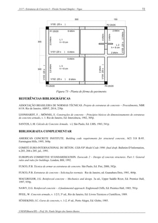 2117 - Estruturas de Concreto I – Flexão Normal Simples - Vigas
UNESP(Bauru/SP) – Prof. Dr. Paulo Sérgio dos Santos Bastos
72
2kN/m
500
300
V103(20x)
P3 20/20
V102 (20 x )
L 3
h = 8 cm
300
V101 (20 x )
L 1
h = 8 cm
P1 20/20
V100 (20 x )
V104(20x)
P4 20/20
150
L 2
h = 8 cm
V105(20x)
P2 20/20
3,5kN/m
3kN/m
6 kN/m
6 kN/m
6 kN/m
6 kN/m
3,5kN/m
4kN/m
2 kN/m
3kN/m
2 kN/m
Figura 73 - Planta de fôrma do pavimento.
REFERÊNCIAS BIBLIOGRÁFICAS
ASSOCIAÇÃO BRASILEIRA DE NORMAS TÉCNICAS. Projeto de estruturas de concreto – Procedimento, NBR
6118. Rio de Janeiro, ABNT, 2014, 238p.
LEONHARDT, F. ; MÖNNIG, E. Construções de concreto – Princípios básicos do dimensionamento de estruturas
de concreto armado, v. 1. Rio de Janeiro, Ed. Interciência, 1982, 305p.
SANTOS, L.M. Cálculo de Concreto Armado, v.l, São Paulo, Ed. LMS, 1983, 541p.
BIBLIOGRAFIA COMPLEMENTAR
AMERICAN CONCRETE INSTITUTE. Building code requirements for structural concrete, ACI 318 R-95.
Farmington Hills, 1995, 369p.
COMITÉ EURO-INTERNATIONAL DU BÉTON. CEB-FIP Model Code 1990: final draft. Bulletim D’Information,
n.203, 204 e 205, jul., 1991.
EUROPEAN COMMITTEE STANDARDIZATION. Eurocode 2 – Design of concrete structures. Part 1: General
rules and rules for buildings. London, BSI, 1992.
FUSCO, P.B. Técnica de armar as estruturas de concreto. São Paulo, Ed. Pini, 2000, 382p.
FUSCO, P.B. Estruturas de concreto - Solicitações normais. Rio de Janeiro, ed. Guanabara Dois, 1981, 464p.
MACGREGOR, J.G. Reinforced concrete – Mechanics and design. 3a ed., Upper Saddle River, Ed. Prentice Hall,
1997, 939p.
NAWY, E.G. Reinforced concrete – A fundamental approach. Englewood Cliffs, Ed. Prentice Hall, 1985, 701p.
PFEIL, W. Concreto armado, v. 1/2/3, 5a
ed., Rio de Janeiro, Ed. Livros Técnicos e Científicos, 1989.
SÜSSEKIND, J.C. Curso de concreto, v. 1-2, 4a
ed., Porto Alegre, Ed. Globo, 1985.
 