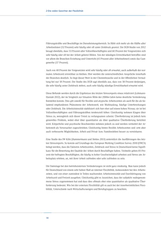 2 Die vielen Gesichter der Flexibilität

Führungskräfte und Beschäftige im Dienstleistungsbereich. So fühlt sich mehr als die Hälfte aller
Arbeitnehmer (52 Prozent) sehr häufig oder oft unter Zeitdruck gesetzt. Die DGB-Studie von 2012
besagt ebenfalls, dass 53 Prozent aller Vollzeitbeschäftigten und 60 Prozent der Vorgesetzten sich
sehr häufig oder oft bei der Arbeit gehetzt fühlen. Von der ständigen Erreichbarkeit betroffen sind
vor allem die Branchen Erziehung und Unterricht (43 Prozent aller Arbeitnehmer) sowie das Gastgewerbe (37 Prozent).
Auch von 40 Prozent der Vorgesetzten wird sehr häufig oder oft erwartet, auch außerhalb der normalen Arbeitszeit erreichbar zu bleiben. Hier werden die unterschiedlichen Ansprüche innerhalb
der Branchen deutlich. So liegt dieser Wert in der Chemiebranche und in der öffentlichen Verwaltung bei nur 18 Prozent. Die Studie des DGB sagt ebenfalls aus, dass von 38 Prozent derjenigen,
die sehr häufig unter Zeitdruck stehen, auch sehr häufig ständige Erreichbarkeit erwartet wird.
Diese Befunde werden durch die Ergebnisse des letzten Stressreports etwas relativiert (LohmannHaislah 2012), der im Vergleich zur Situation Mitte der 2000er Jahre keine deutliche Veränderung
feststellen konnte. Dies gilt sowohl für flexible und atypische Arbeitszeiten als auch für die als belastend empfundenen Phänomene der Arbeitswelt, wie Multitasking, häufige Unterbrechungen
oder Zeitdruck. Die Arbeitsintensität stabilisiert sich hier eher auf einem hohen Niveau; sie ist bei
Vollzeitbeschäftigten und Führungskräften tendenziell höher. Gleichzeitig nehmen Klagen über
Stress zu, wenngleich sich dieser Trend zu verlangsamen scheint. Überforderung ist jedoch kein
generelles Problem, wobei eher über quantitative als über qualitative Überforderung berichtet
wird. Körperliche und psychische Beschwerden nehmen jedoch zu und werden vermehrt der Arbeitswelt als Verursacher zugeschrieben. Gleichzeitig bieten flexible Arbeitszeiten und -orte aber
auch verbesserte Möglichkeiten, Arbeit und Privat- bzw. Familienleben besser zu vereinbaren.
Eine Studie des IW Köln (Hammermann und Stettes 2013) unterstützt die Ausführungen des letzten Stressreports. So konnte auf Grundlage des European Working Condition Survey 2010 (EWCS)
belegt werden, dass die Faktoren Arbeitszeiten, Zeitdruck und Stress in Deutschland keine Signifikanz für die Bewertung der Qualität der Arbeit durch Beschäftigte haben. Vielmehr geben 85 Prozent der befragten Beschäftigten, die häufig in hoher Geschwindigkeit arbeiten und Stress am Arbeitsplatz erleben, an, mit ihrer Arbeit zufrieden oder sehr zufrieden zu sein.
Die Datenlage bei den betriebsinternen Veränderungen ist nicht ganz eindeutig. Man kann jedoch
für Deutschland von einem sehr hohen Maß an interner Flexibilität, insbesondere bei den Arbeitszeiten, und von einer zumindest in Teilen wachsenden Arbeitsintensität und Durchdringung von
Arbeitszeit und Freizeit ausgehen. Gleichzeitig gibt es Anzeichen, dass der subjektiv wahrgenommene Stress zugenommen hat und dass dies oftmals eher eine quantitative als qualitative Überforderung bedeutet. Wie bei der externen Flexibilität gilt es auch bei der innerbetrieblichen Flexibilität, Unterschiede nach Wirtschaftszweigen und Berufsgruppen zu beachten.

14

 