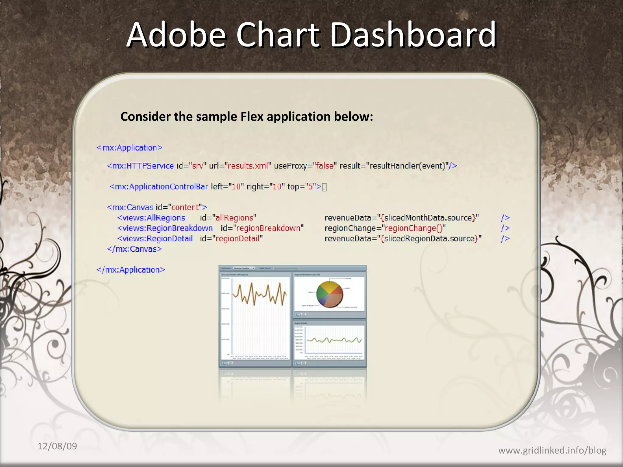Adobe Chart Dashboard Consider the sample Flex application below: 06/08/09 www.gridlinked.info/blog 