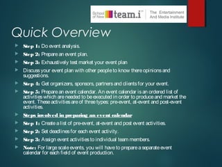 Quick Overview
 Step 1: Do event analysis.
 Step 2: Preparean event plan.
 Step 3: Exhaustively test market your event plan
 Discussyour event plan with other peopleto know thereopinionsand
suggestions.
 Step 4: Get organizers, sponsors, partnersand clientsfor your event.
 Step 5: Preparean event calendar. An event calendar isan ordered list of
activitieswhich areneeded to beexecuted in order to produceand market the
event. Theseactivitiesareof threetypes: pre-event, at-event and post-event
activities.
 Steps involved in preparing an event calendar
 Step 1: Createalist of pre-event, at-event and post event activities.
 Step 2: Set deadlinesfor each event activity.
 Step 3: Assign event activitiesto individual team members.
 Note: For largescaleevents, you will haveto prepareaseparateevent
calendar for each field of event production.
 