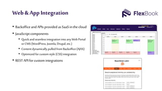 Web & App Integration
• Backoffice and APIs provided as SaaS in the cloud
• JavaScript components
• Quick and seamless integration into any Web Portal
orCMS (WordPress, Joomla, Drupal, etc.)
• Content dynamically pulled from Backoffice (AJAX)
• Optimized for custom style (CSS) integration
• REST API for custom integrations
 