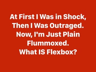 At First I Was in Shock,
Then I Was Outraged.
Now, I'm Just Plain
Flummoxed.
What IS Flexbox?
 