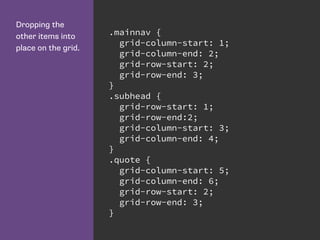 Dropping the
other items into
place on the grid.
.mainnav {
grid-column-start: 1;
grid-column-end: 2;
grid-row-start: 2;
grid-row-end: 3;
}
.subhead {
grid-row-start: 1;
grid-row-end:2;
grid-column-start: 3;
grid-column-end: 4;
}
.quote {
grid-column-start: 5;
grid-column-end: 6;
grid-row-start: 2;
grid-row-end: 3;
}
 