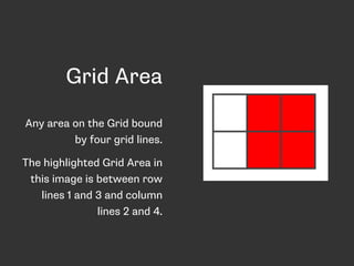 Grid Area
Any area on the Grid bound
by four grid lines.
The highlighted Grid Area in
this image is between row
lines 1 and 3 and column
lines 2 and 4.
 
