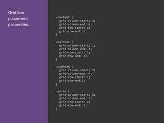 Grid line
placement
properties.
.content {
grid-column-start: 3;
grid-column-end: 4;
grid-row-start: 2;
grid-row-end: 3;
}
.mainnav {
grid-column-start: 1;
grid-column-end: 2;
grid-row-start: 2;
grid-row-end: 3;
}
.subhead {
grid-column-start: 3;
grid-column-end: 4;
grid-row-start: 1;
grid-row-end:2;
}
.quote {
grid-column-start: 5;
grid-column-end: 6;
grid-row-start: 2;
grid-row-end: 3;
}
 
