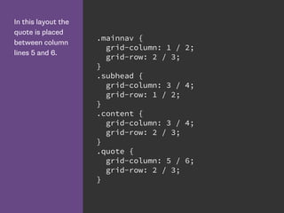 In this layout the
quote is placed
between column
lines 5 and 6.
.mainnav {
grid-column: 1 / 2;
grid-row: 2 / 3;
}
.subhead {
grid-column: 3 / 4;
grid-row: 1 / 2;
}
.content {
grid-column: 3 / 4;
grid-row: 2 / 3;
}
.quote {
grid-column: 5 / 6;
grid-row: 2 / 3;
}
 