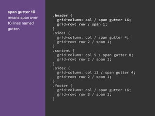 span gutter 16
means span over
16 lines named
gutter.
.header {
grid-column: col / span gutter 16;
grid-row: row / span 1;
}
.side1 {
grid-column: col / span gutter 4;
grid-row: row 2 / span 1;
}
.content {
grid-column: col 5 / span gutter 8;
grid-row: row 2 / span 1;
}
.side2 {
grid-column: col 13 / span gutter 4;
grid-row: row 2 / span 1;
}
.footer {
grid-column: col / span gutter 16;
grid-row: row 3 / span 1;
}
 