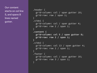 Our content
starts on col line
5, and spans 8
lines named
gutter.
.header {
grid-column: col / span gutter 16;
grid-row: row / span 1;
}
.side1 {
grid-column: col / span gutter 4;
grid-row: row 2 / span 1;
}
.content {
grid-column: col 5 / span gutter 8;
grid-row: row 2 / span 1;
}
.side2 {
grid-column: col 13 / span gutter 4;
grid-row: row 2 / span 1;
}
.footer {
grid-column: col / span gutter 16;
grid-row: row 3 / span 1;
}
 