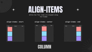 ALIGN-ITEMS
align-items: center
define how flex items are aligned along
the X axis
align-items: start align-items: end
COLUMN
 