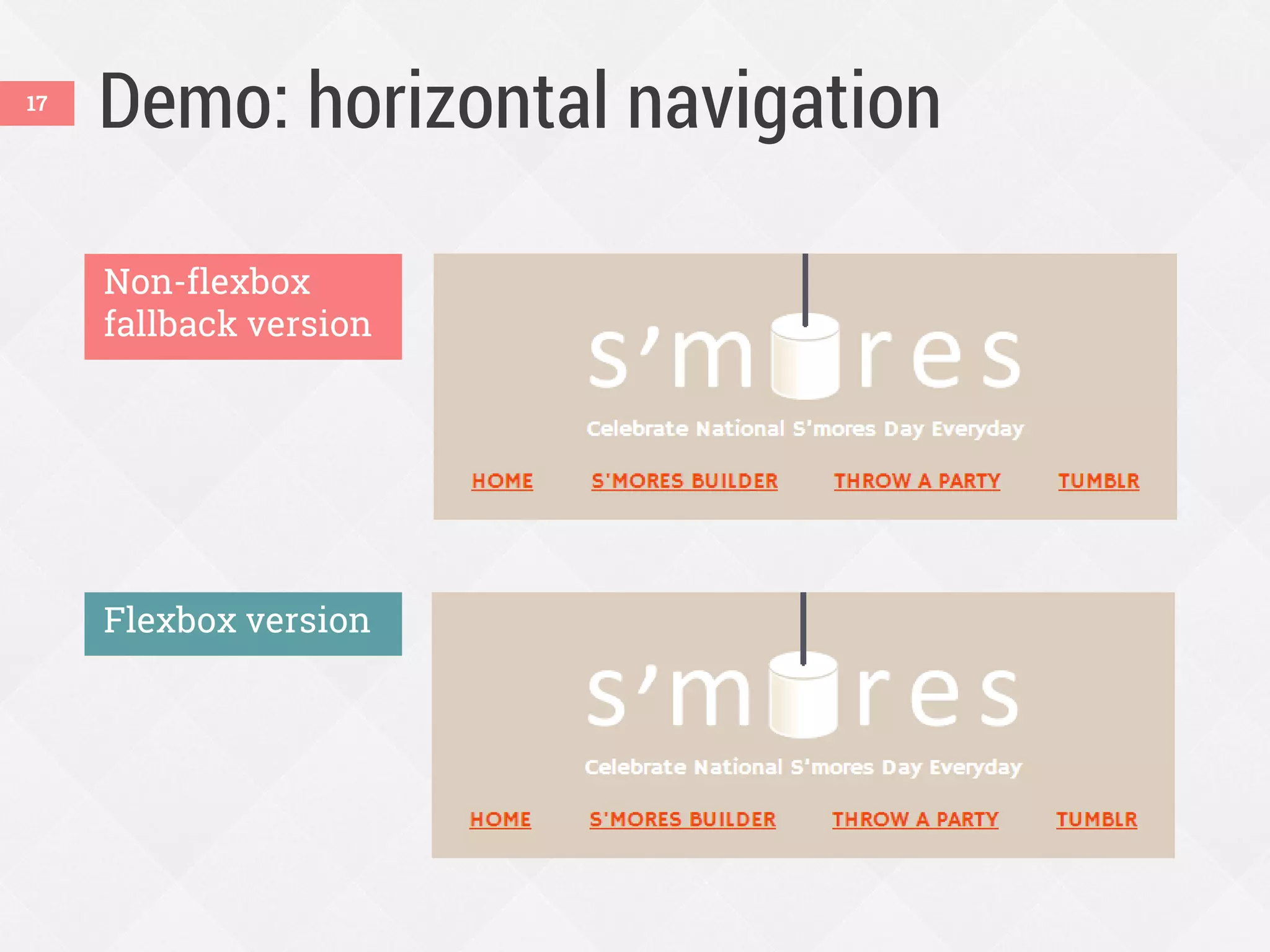 Demo: horizontal navigation
Non-flexbox
fallback version
Flexbox version
17
 