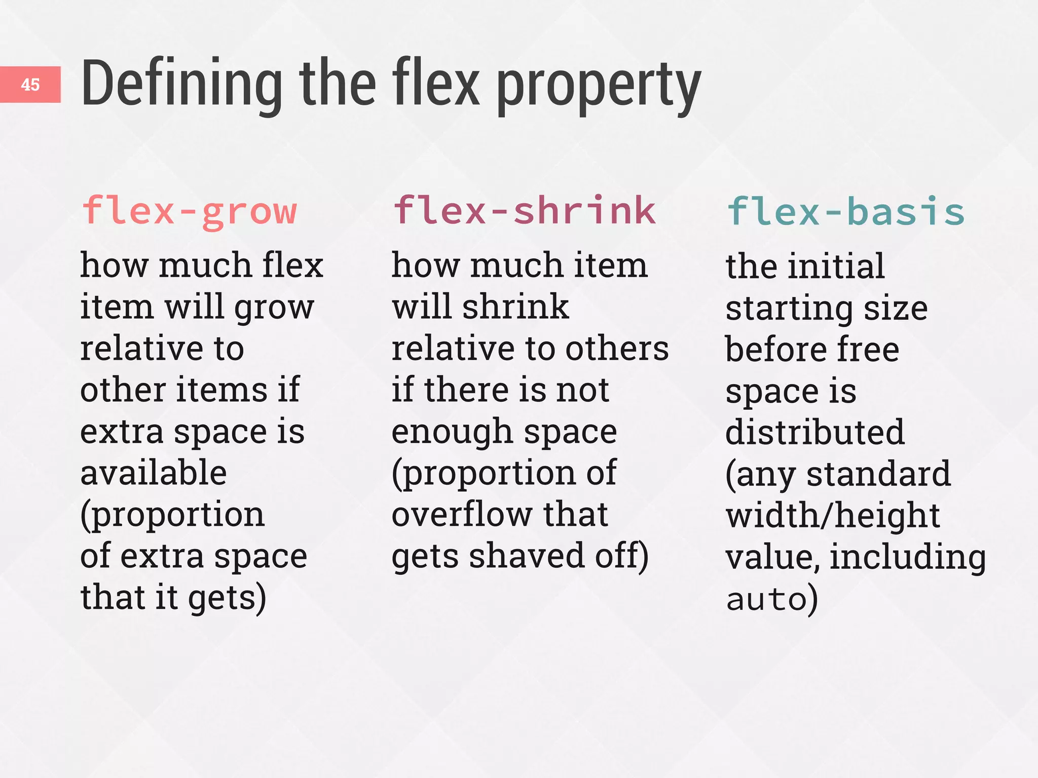 Defining the flex property
flex-grow
how much flex
item will grow
relative to
other items if
extra space is
available
(proportion
of extra space
that it gets)
flex-shrink
how much item
will shrink
relative to others
if there is not
enough space
(proportion of
overflow that
gets shaved off)
flex-basis
the initial
starting size
before free
space is
distributed
(any standard
width/height
value, including
auto)
45
 