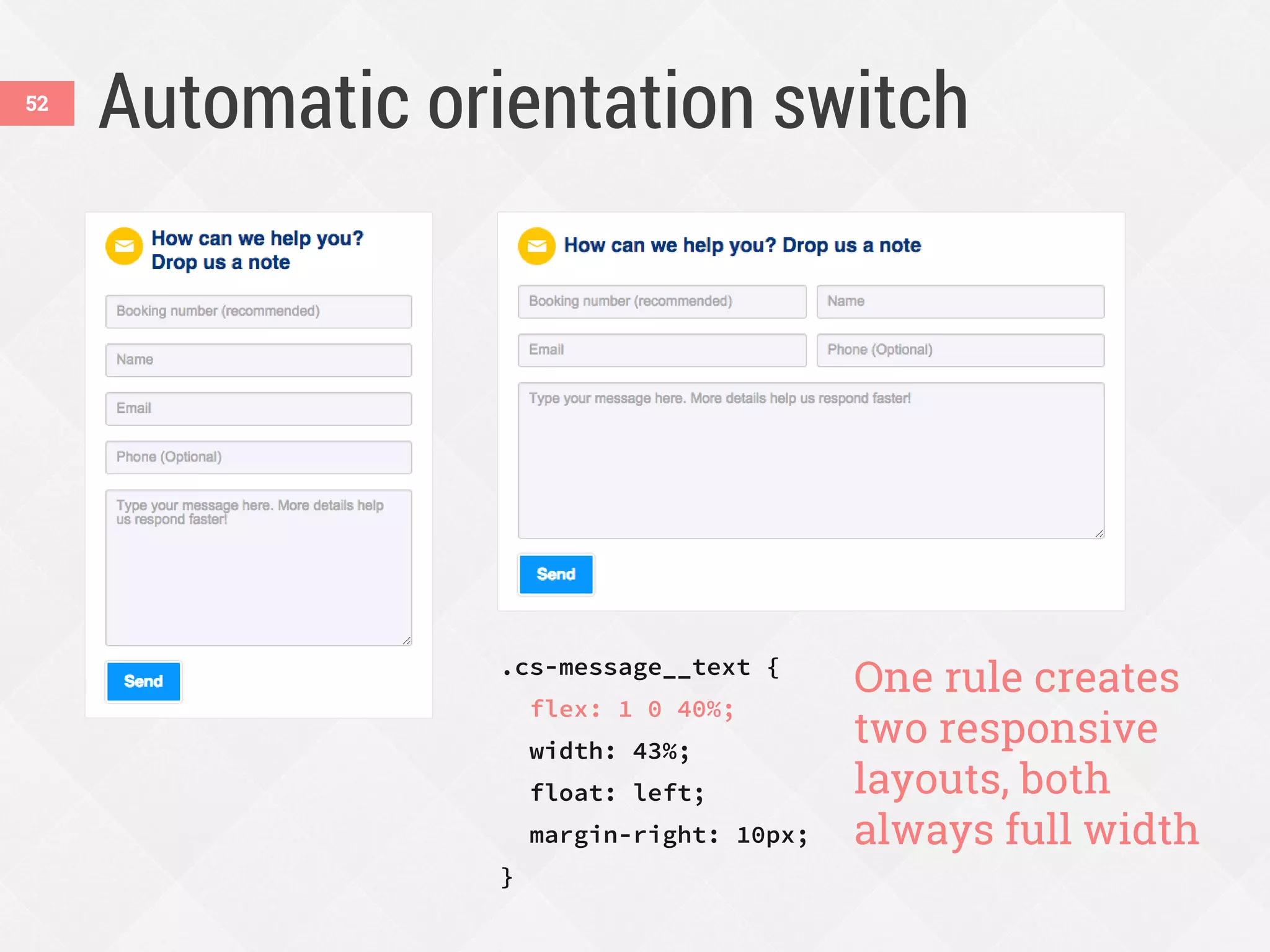 Automatic orientation switch
.cs-message__text {
flex: 1 0 40%;
width: 43%;
float: left;
margin-right: 10px;
}
One rule creates
two responsive
layouts, both
always full width
52
 