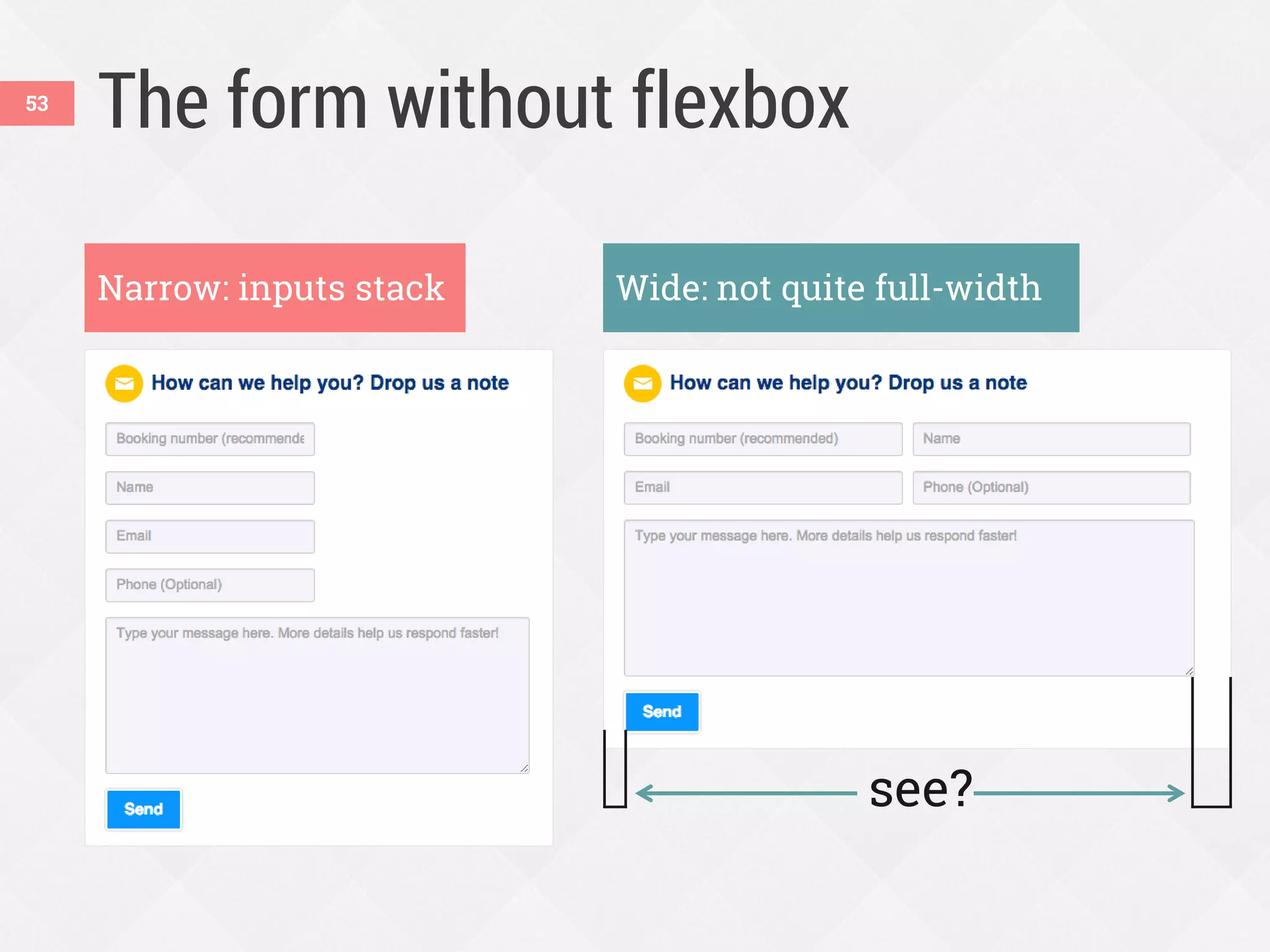 The form without flexbox
Narrow: inputs stack Wide: not quite full-width
see?
53
 