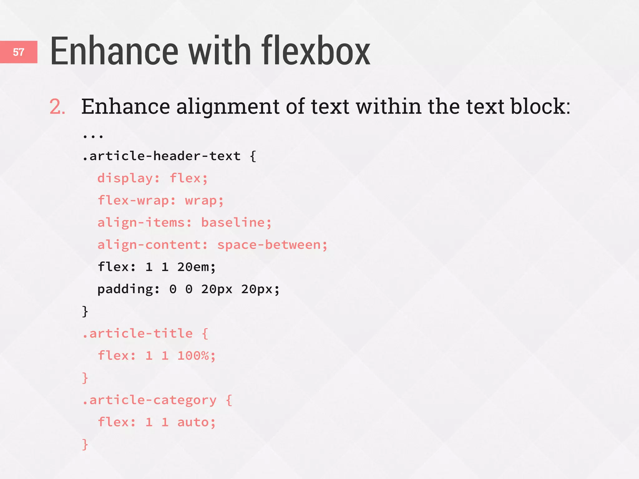 Enhance with flexbox57
2. Enhance alignment of text within the text block:
...
.article-header-text {
display: flex;
flex-wrap: wrap;
align-items: baseline;
align-content: space-between;
flex: 1 1 20em;
padding: 0 0 20px 20px;
}
.article-title {
flex: 1 1 100%;
}
.article-category {
flex: 1 1 auto;
}
 
