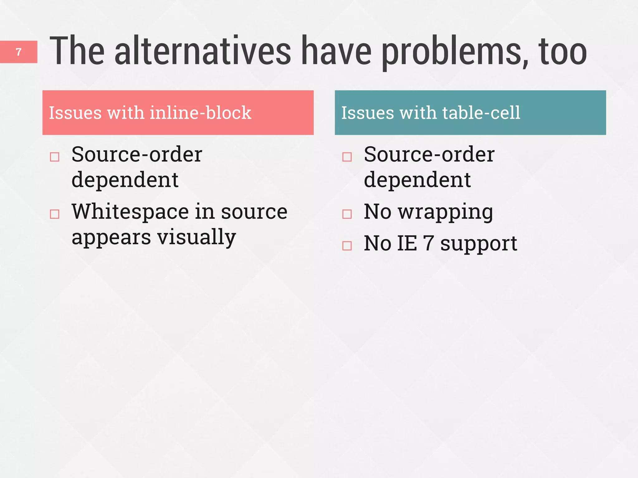The alternatives have problems, too
 Source-order
dependent
 Whitespace in source
appears visually
 Source-order
dependent
 No wrapping
 No IE 7 support
7
Issues with inline-block Issues with table-cell
 