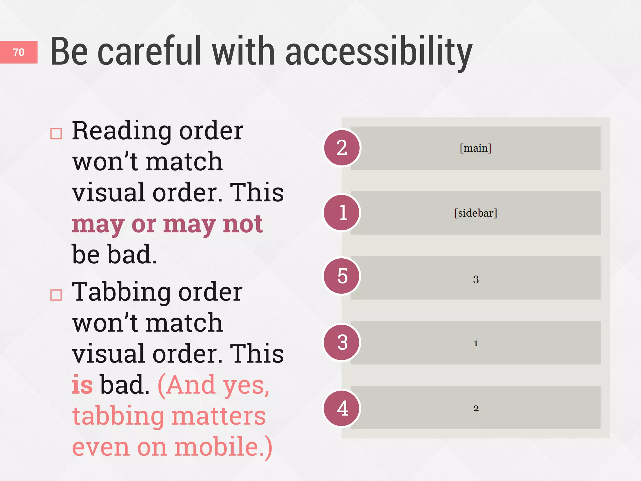 Be careful with accessibility
 Reading order
won’t match
visual order. This
may or may not
be bad.
 Tabbing order
won’t match
visual order. This
is bad. (And yes,
tabbing matters
even on mobile.)
1
3
2
4
5
70
 