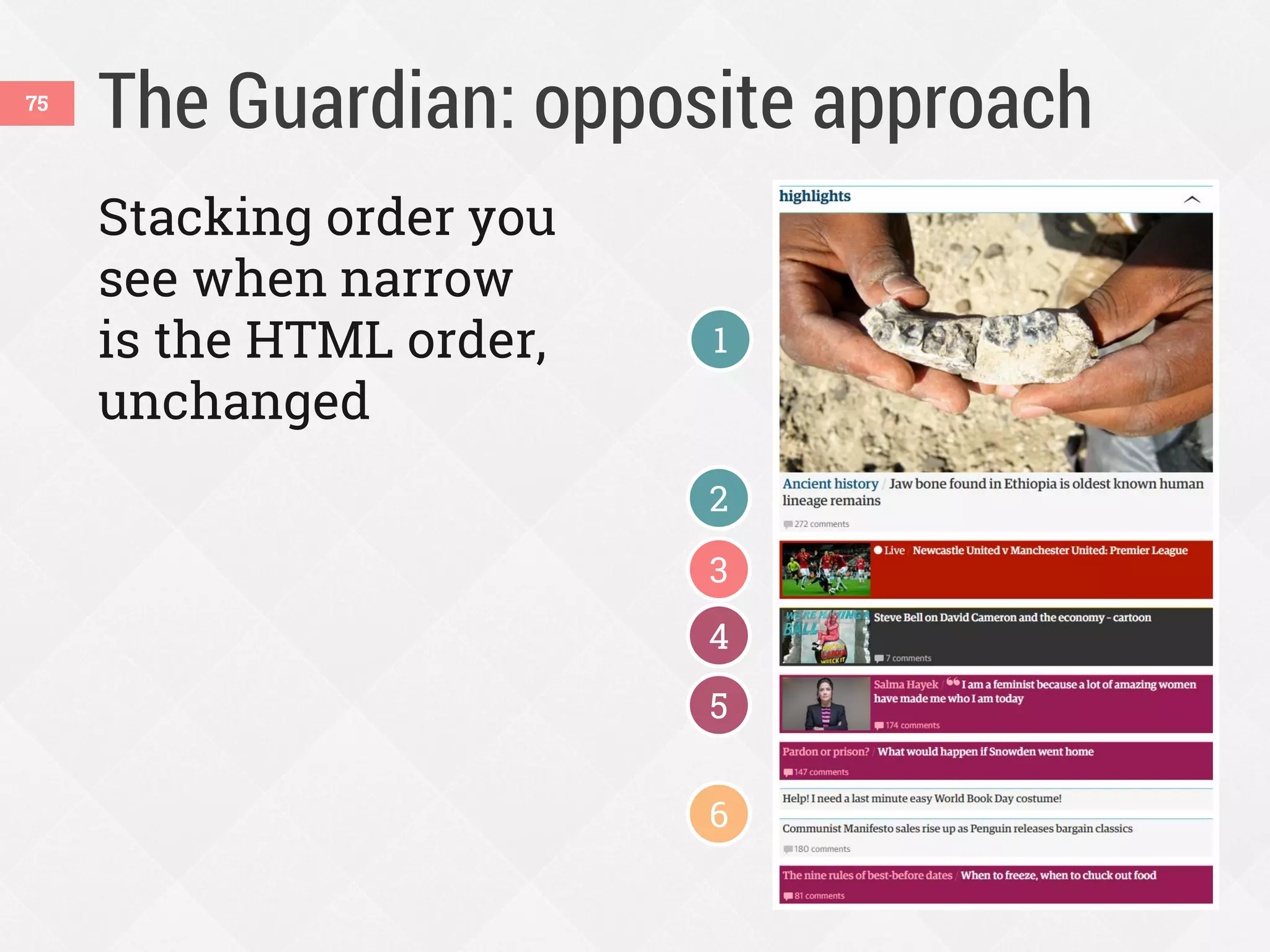 The Guardian: opposite approach75
Stacking order you
see when narrow
is the HTML order,
unchanged
1
2
3
4
5
6
 
