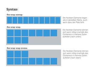 Syntax:
flex-wrap: nowrap;
flex-wrap: wrap;
flex-wrap: wrap-reverse;
Die ﬂexiblen Elemente liegen
alle in derselben Reihe, auch
wenn dazu der Platz fehlt.
Die ﬂexiblen Elemente können
sich wenn nötig innerhalb des
Containers in mehrere Zeilen
aufteilen (nach unten).
Die ﬂexiblen Elemente können
sich wenn nötig innerhalb des
Containers in mehrere Zeilen
aufteilen (nach oben).
 