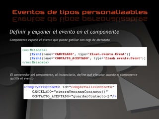 Definir y exponer el evento en el componente Componente expone el evento que puede gatillar con tags de Metadata El contenedor del componente, al instanciarlo, define qué ejecutar cuando el componente gatille el evento 