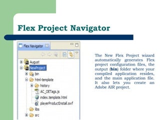 Flex Project Navigator The New Flex Project wizard automatically generates Flex project configuration files, the output ( bin ) folder where your compiled application resides, and the main application file. It also lets you create an Adobe AIR project.  